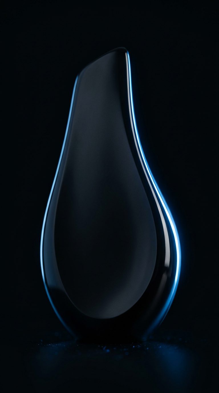 Cinematic style frame - a dark glossy teardrop form lit by a single electric-blue rim-light against pure black