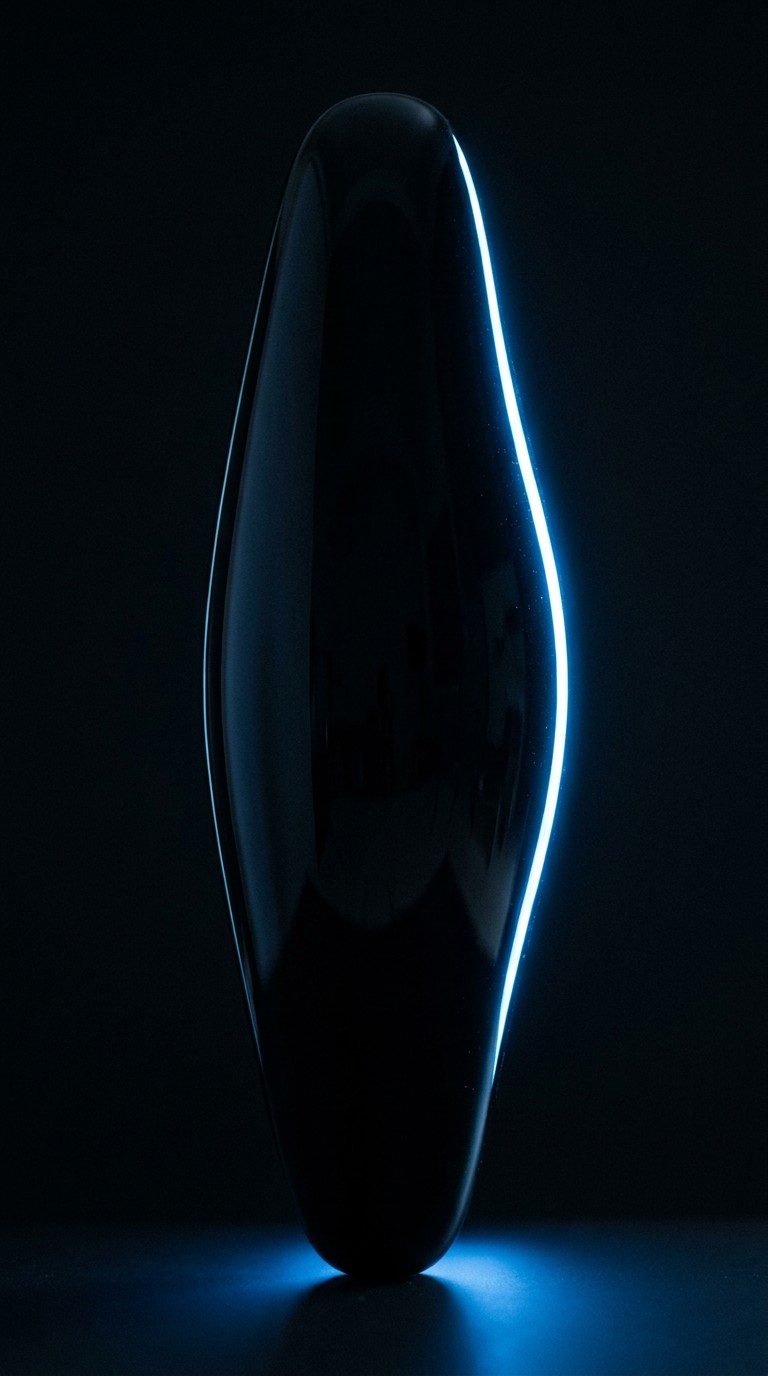 Cinematic style frame - a glossy dark monolith with a single blue highlight running down its edge against black
